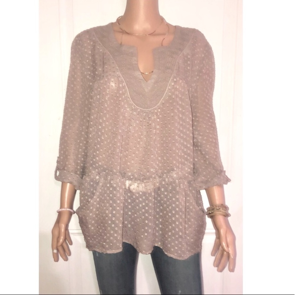 Daniel Rainn beige polka dot sheer Babydoll blouse large